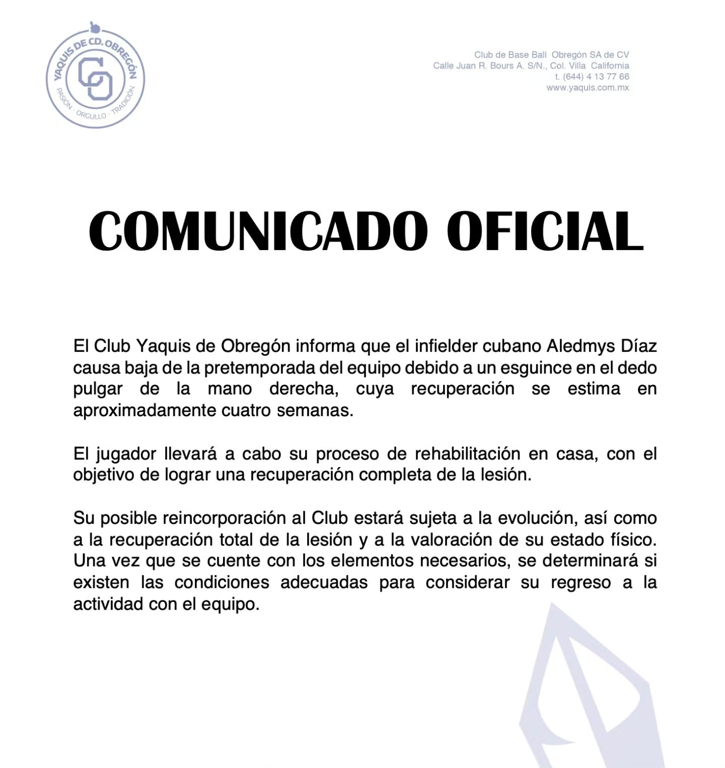🚨𝗖𝗼𝗺𝘂𝗻𝗶𝗰𝗮𝗱𝗼 𝗢𝗳𝗶𝗰𝗶𝗮𝗹🚨 🚑Situación de salud del infielder cubano Aledmys Díaz #PuroYaquis🏹